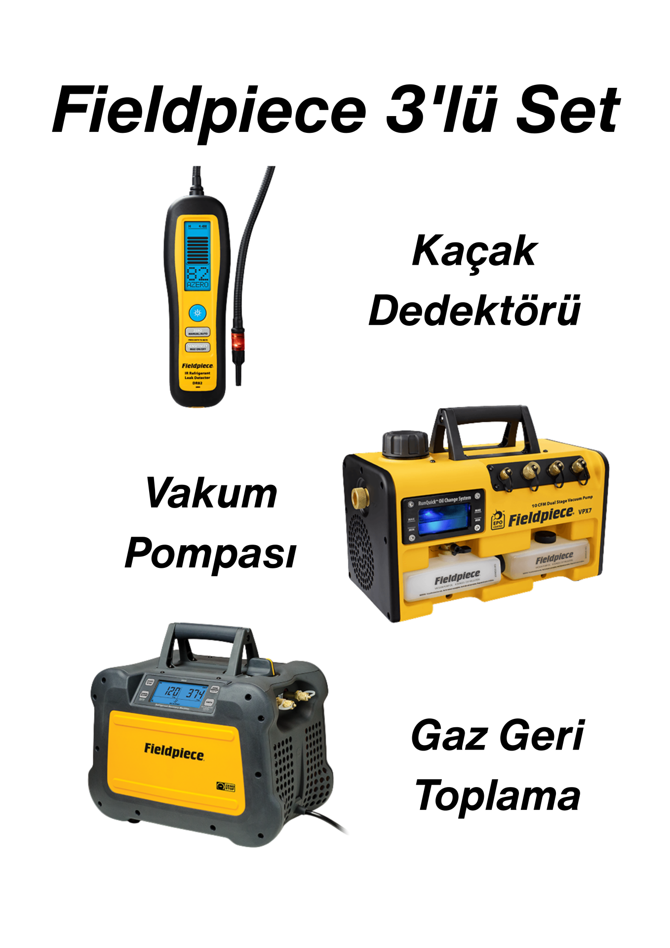 fieldpiece-1.png Fieldpiece 3'lü Set (Gaz Geri Toplama Cihazı + Vakum Pompası + Kaçak Dedektörü) - Görsel 1